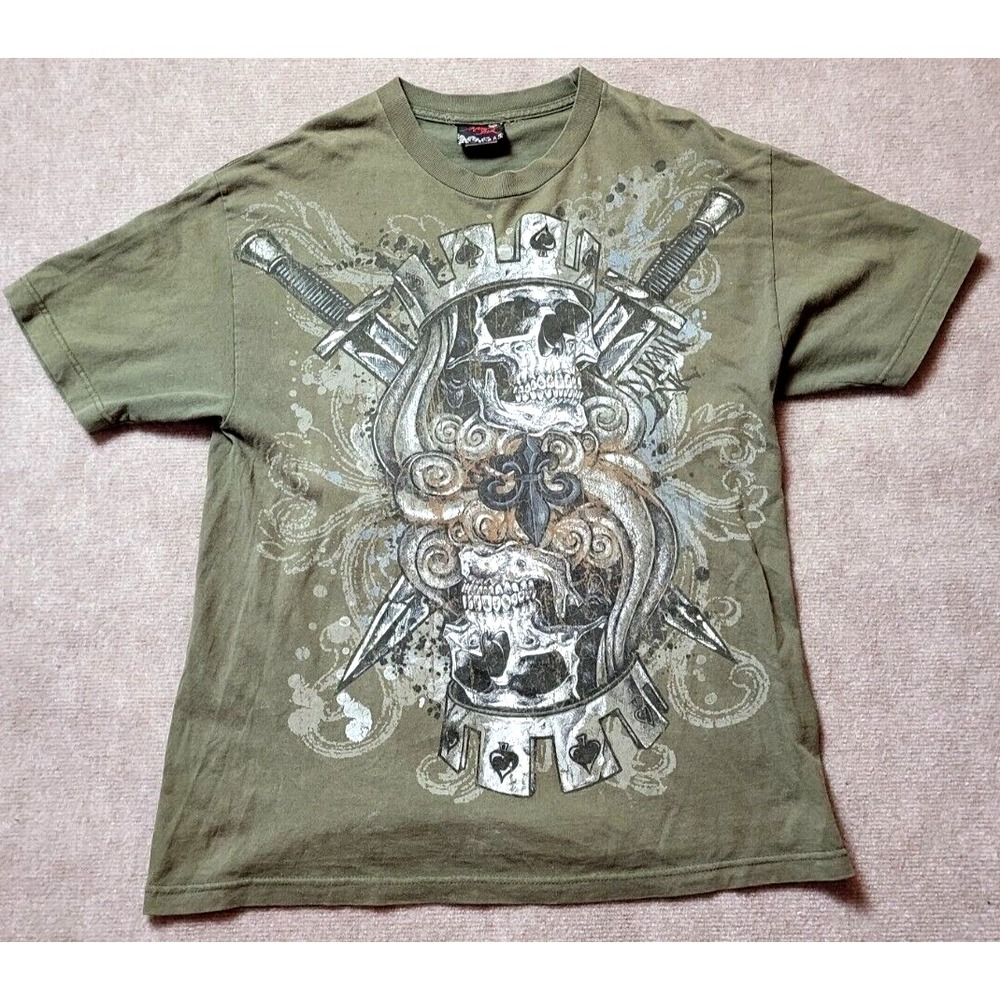 VINTAGE MIAMI INK GRUNGE SKULLS GOTHIC SHIRT Y2K SIZE XL SHORT‎ SLEEVE
